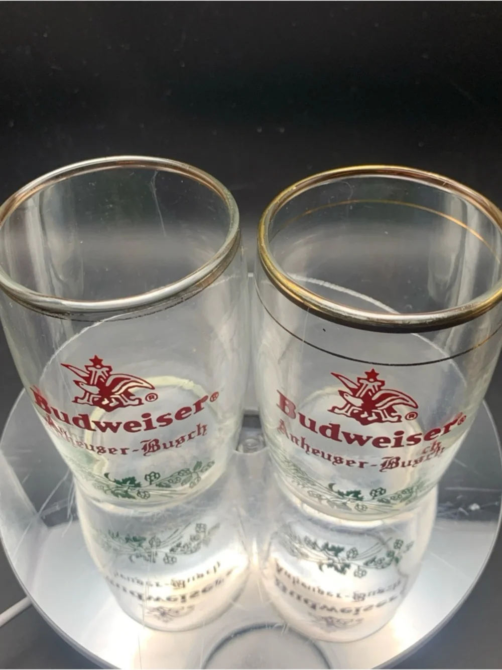 Vintage Budweiser Bud Sample Glass Lot of 2 Gold Trim Keg Shape Anheuser Busch
